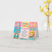 Carte Joyeuse fête de Pâques avec lapin, poussin, oeufs (Fleur jaune)