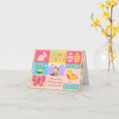 Carte Joyeuse fête de Pâques avec lapin, poussin, oeufs (Fleur jaune)