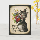 Carte Joyeuse fête des mères Chat vintage mignon (Fleur jaune)