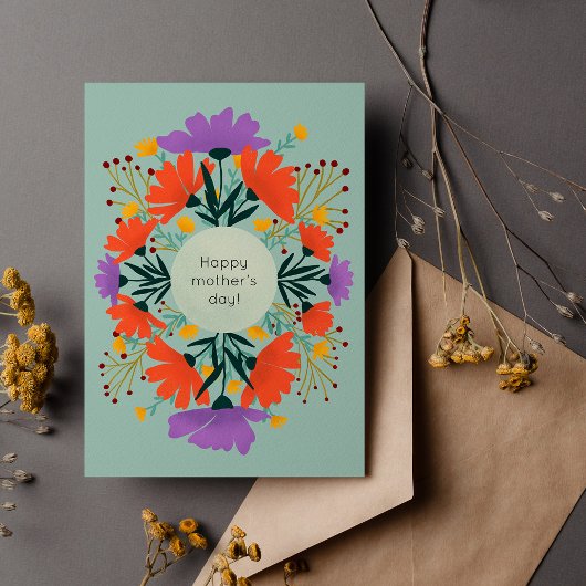 Carte Joyeuse fête des mères fleurs violettes et orange