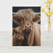 Carte Joyeuse fête des mères Vache et veau Highland (Fleur jaune)