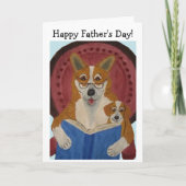 Carte Joyeuse fête des Pères Corgi lisant à son chiot (Devant)