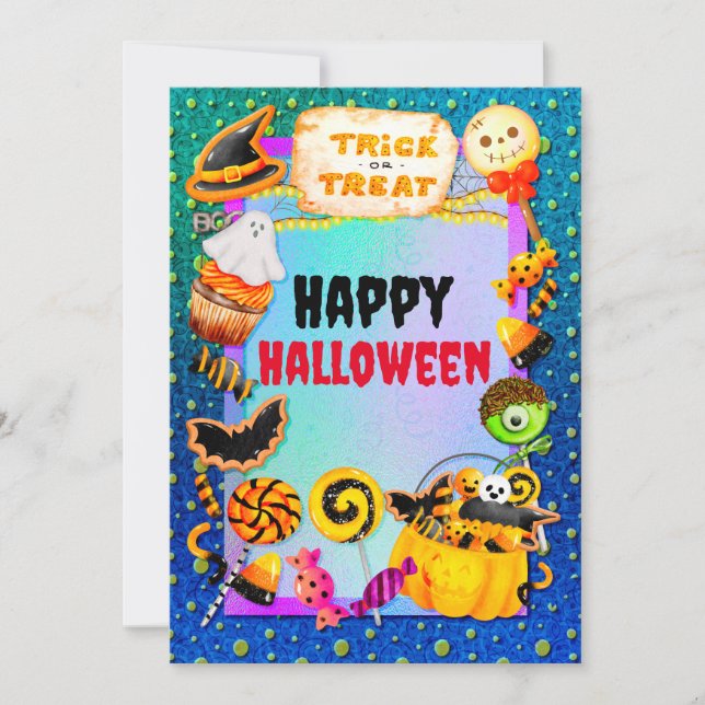 Carte Joyeuse fête d'Halloween remplie de ruse-ou-gâteau (Devant)