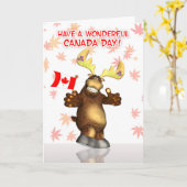 Carte Joyeuse fête du Canada avec l'orignal agitant le d (Fleur jaune)