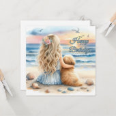 Carte Joyeuse fille d'anniversaire avec chiot sur la pla (Devant/Arrière en situation)