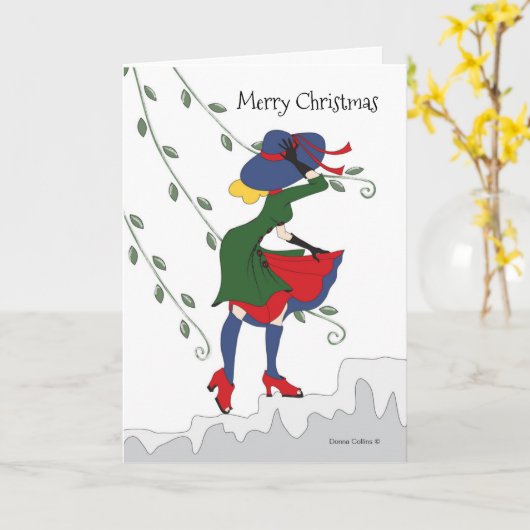 Carte Joyeuse Fille de Noël se promène sur des marches e (Fleur jaune)