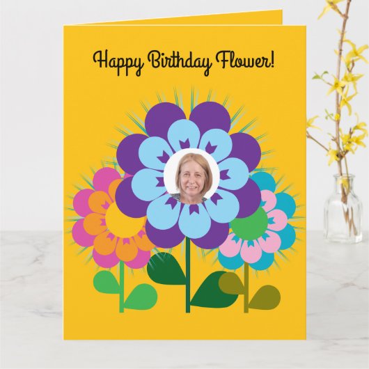 Carte Joyeuse Fleur d'anniversaire Retro joyeux (Fleur jaune)