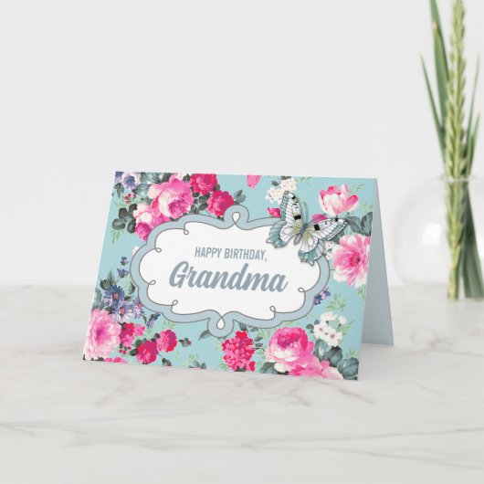 Carte Joyeuse grand-mère d'anniversaire. Fleurs et papil (Devant)