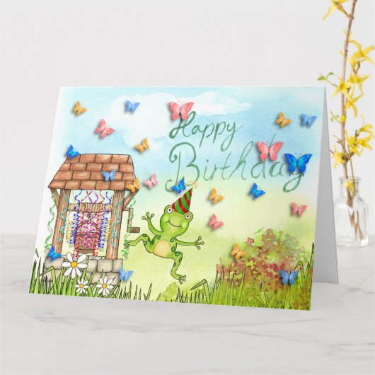 Carte Joyeuse grenouille, anniversaire (Fleur jaune)