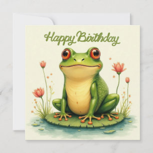 Carte Joyeuse grenouille verte et fleurs d'anniversaire