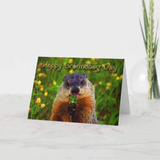 Carte Joyeuse Journée de la marmotte Mangeant la fleur (Devant)