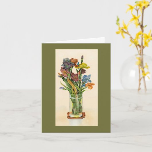 Carte Joyeuse Pâques avec vase de fleurs d'iris (Fleur jaune)