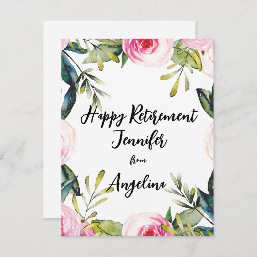 Carte Joyeuse retraite Floral Aquarelle Cursive Script (Devant / Derrière)