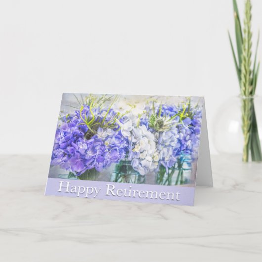 Carte Joyeuse Retraite Hydrangée Violette Dans Les Jarre (Devant)
