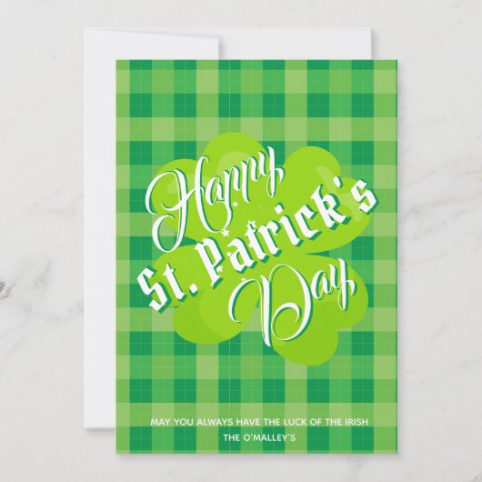 Carte Joyeuse Saint-Patrick Vert Tartan Trèfle Chanceux (Devant)