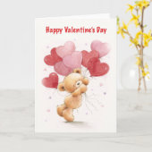 Carte Joyeuse Saint-Valentin, joli ours tenant des ballo (Fleur jaune)