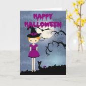 Carte Joyeuse sorcière Blonde Halloween avec chat noir (Fleur jaune)