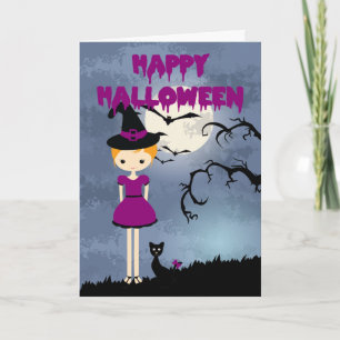 Carte Joyeuse sorcière Blonde Halloween avec chat noir