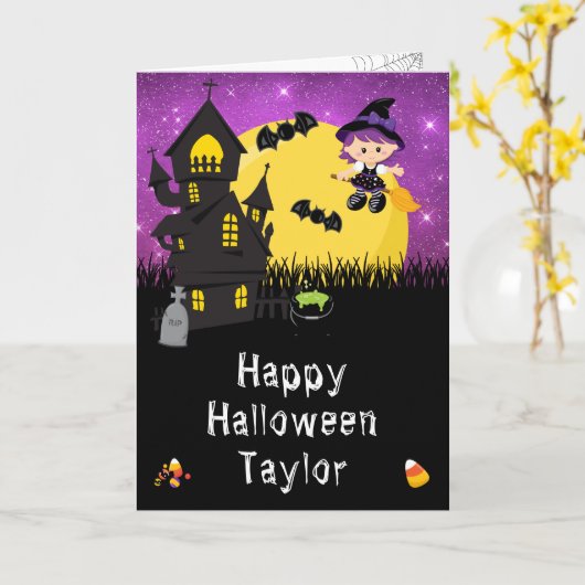 Carte Joyeuse sorcière d'Halloween violet (Fleur jaune)