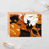 Carte Joyeuse sorcière Halloween, chauves-souris et citr (Devant/Arrière en situation)