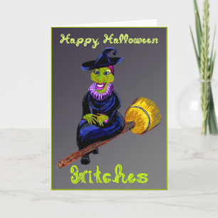Carte Joyeuse Sorcière Halloween sur Broomstick