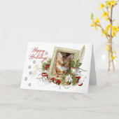 Carte Joyeuses Fêtes avec Chat et Motif Empreinte  (Fleur jaune)