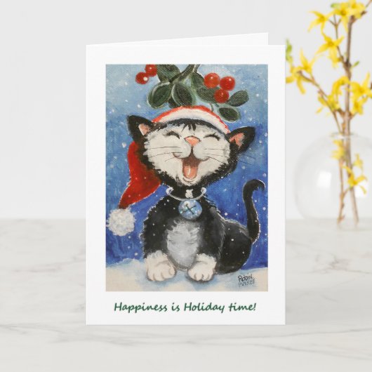Carte Joyeuses Fêtes!, Chat heureux sous le gui (Fleur jaune)