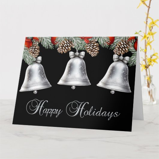 Carte Joyeuses Fêtes Clochettes d'Argent avec Cônes de P (Fleur jaune)