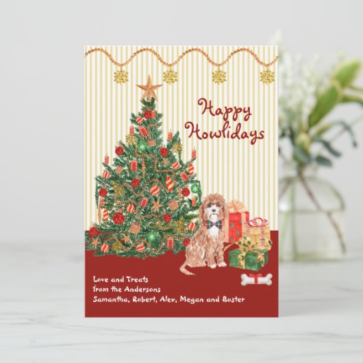 Carte Joyeuses fêtes Comment Cavapoo présente un arbre (Debout devant)