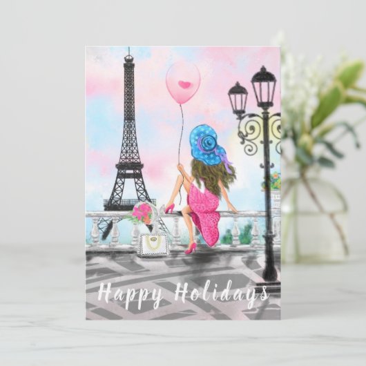 Carte Joyeuses fêtes - i Love Paris - Femme avec ballon (Debout devant)