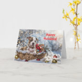 Carte Joyeuses fêtes mignonette Pitbull Chien en panier (Fleur jaune)