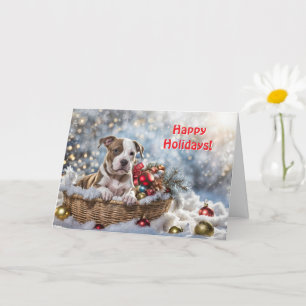 Carte Joyeuses fêtes mignonette Pitbull Chien en panier