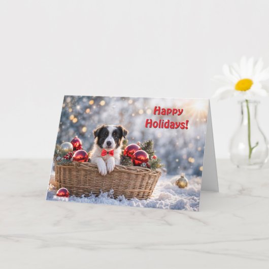 Carte Joyeuses fêtes Noël jolie frontière Collie Puppy (Petite plante)