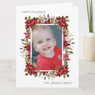 Carte Joyeuses Fêtes Poinsettias Rouges Feuillage Blanc