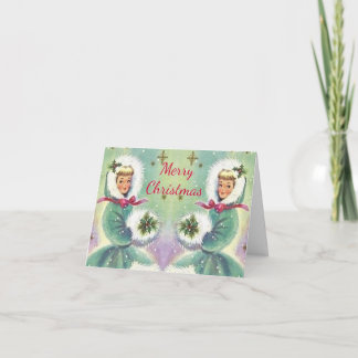 Carte Joyeuses filles de Noël en manteaux bleus Vintage
