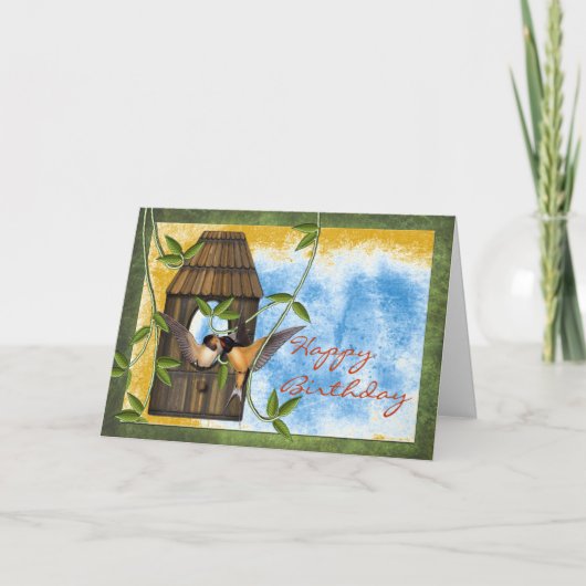 Carte Joyeuses hirondelles d'anniversaire chez les oisea (Devant)