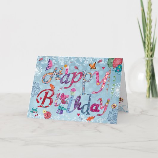 Carte Joyeuses lettres manuscrites d'anniversaire bleu (Devant)