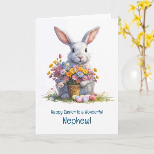 Carte Joyeuses Pâques à mon neveu avec un lapin mignon (Fleur jaune)
