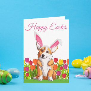 Carte Joyeuses Pâques Adorable Corgi Oreilles de Lapin F