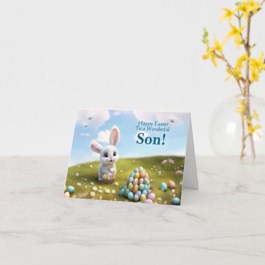 Carte Joyeuses Pâques au fils Lapin Mignon  (Fleur jaune)