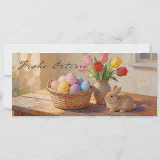 Carte Joyeuses Pâques avec des œufs colorés et des tulip