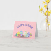 Carte Joyeuses Pâques avec des œufs colorés rose (Fleur jaune)