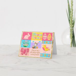 Carte Joyeuses Pâques avec Lapin, Poussin, Œufs & Fleurs