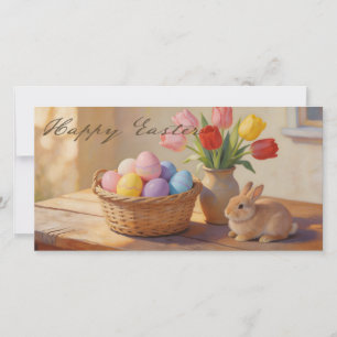 Carte Joyeuses Pâques avec œufs colorés et tulipes