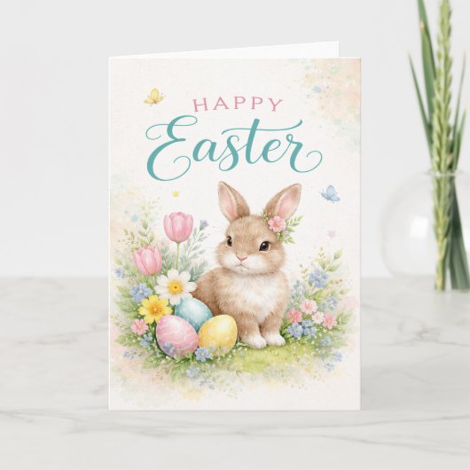 Carte Joyeuses Pâques - avec un jeune lapin (Devant)