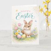 Carte Joyeuses Pâques - avec un jeune lapin (Fleur jaune)
