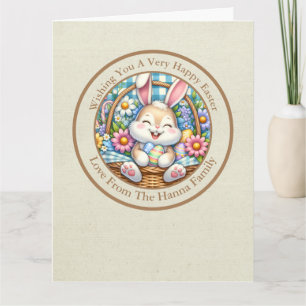 Carte Joyeuses Pâques avec un lapin mignon, des œufs et