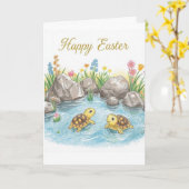 Carte Joyeuses Pâques bébés tortues (Fleur jaune)