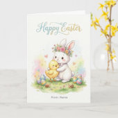 Carte Joyeuses Pâques Bisous Lapin et Poussin (Fleur jaune)