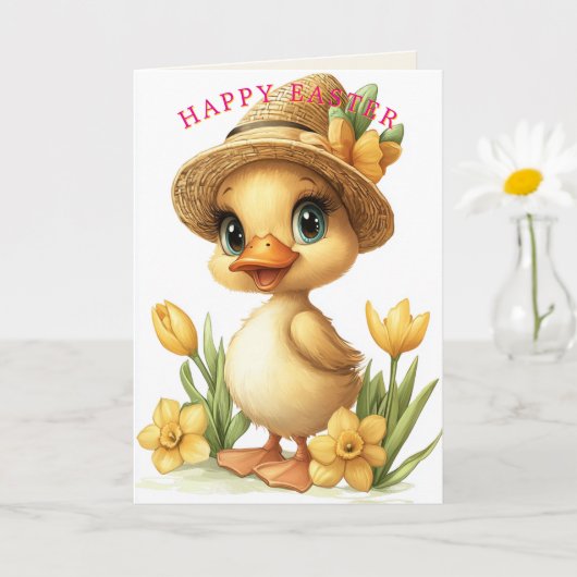 Carte Joyeuses Pâques Caneton Jaune Jonquilles (Petite plante)
